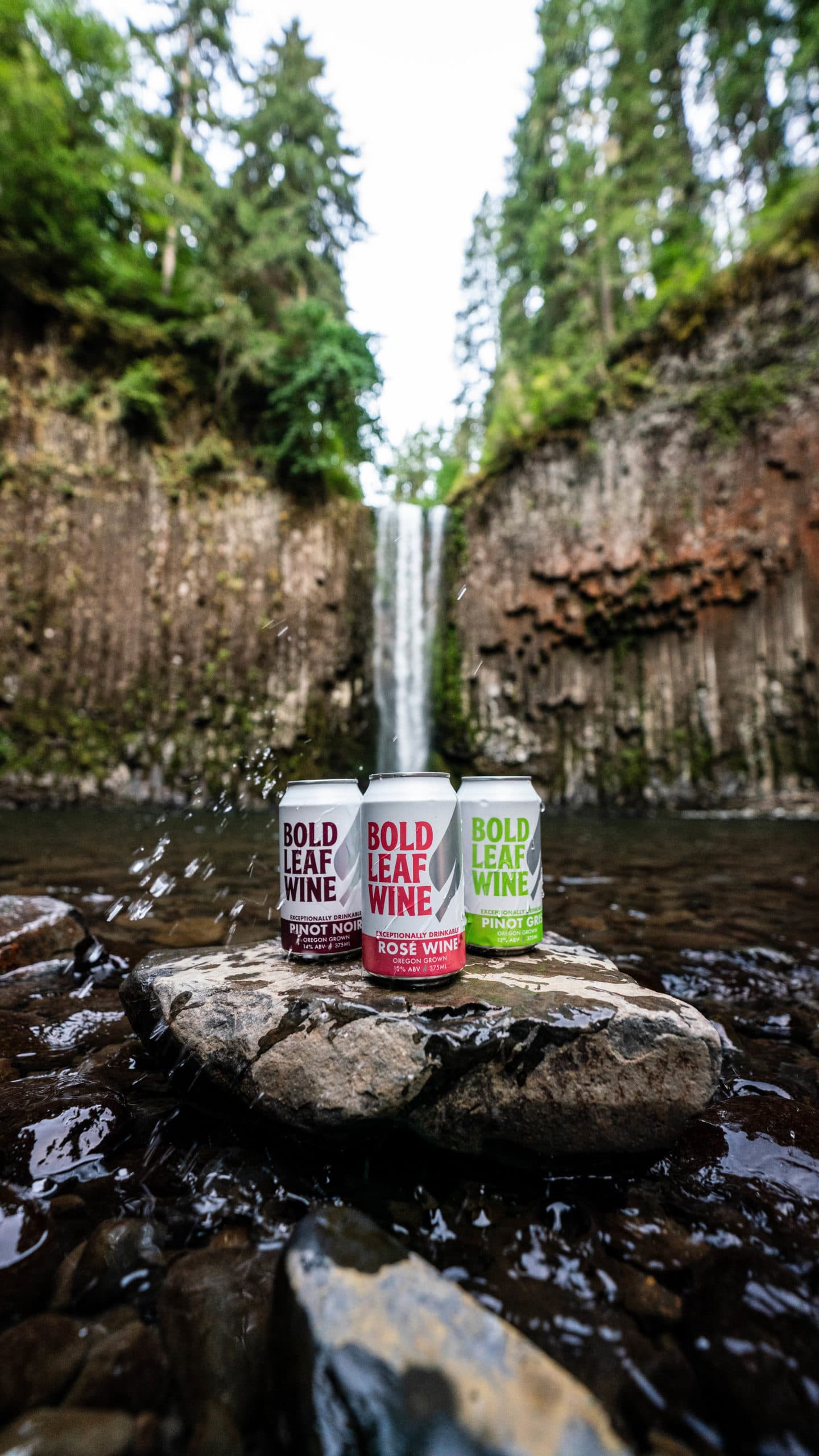 Three cans of Bold Leaf wine sitting on a rock in front of a waterfall.
