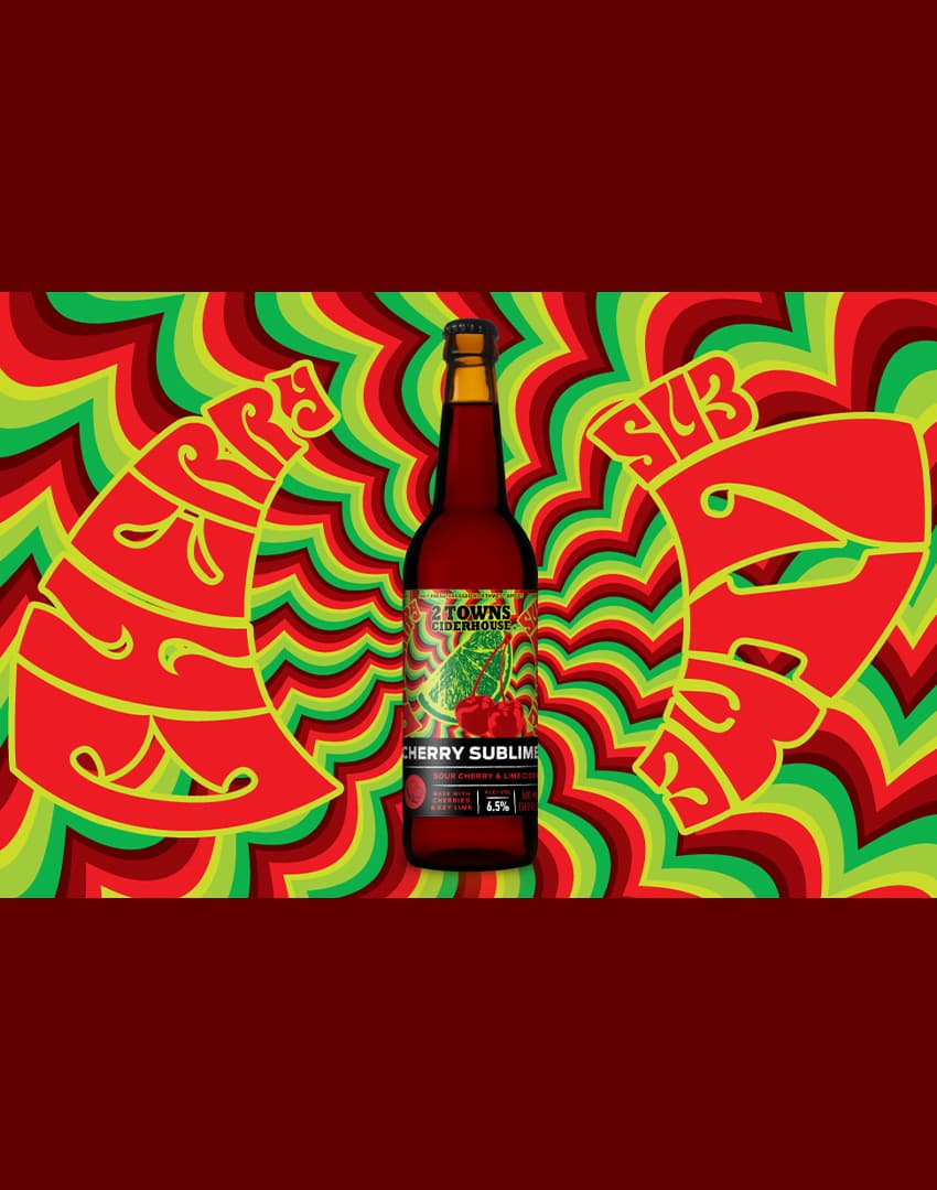 Cherry Sublime bottle in the middle of a background that looks like its label art.
